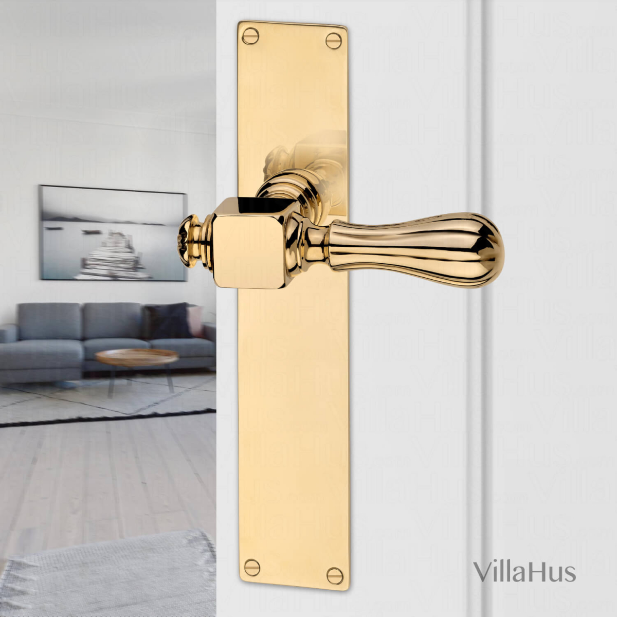 Door handle interior, Backplate Unlacquered brass Model HOLKHAM