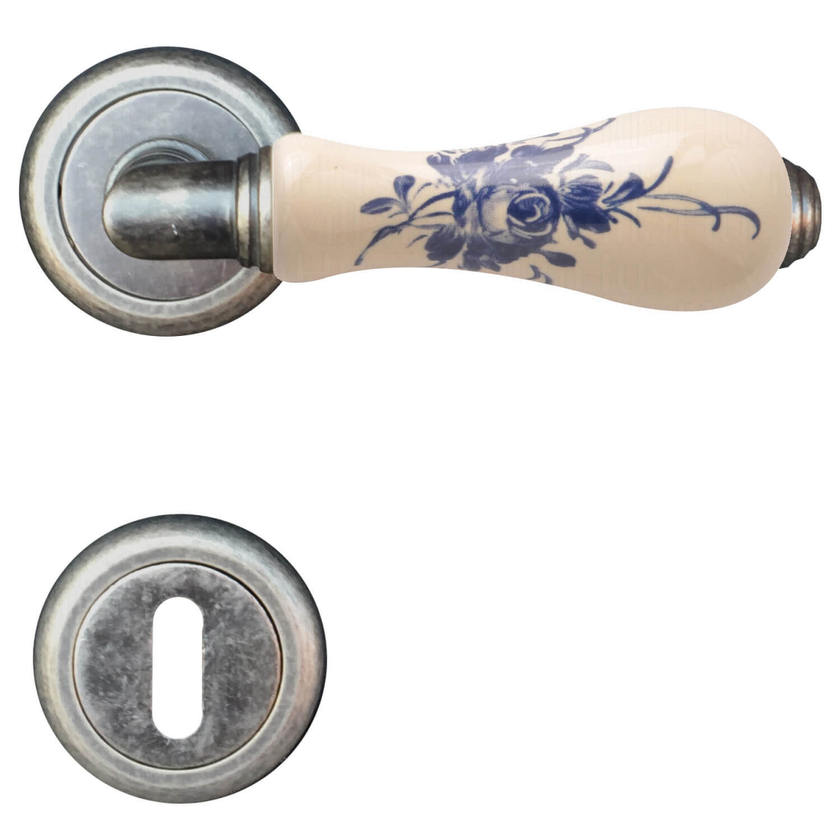 Türgriffe Porzellan und antike Eisen mit blauem Motiv, Modell Barocco